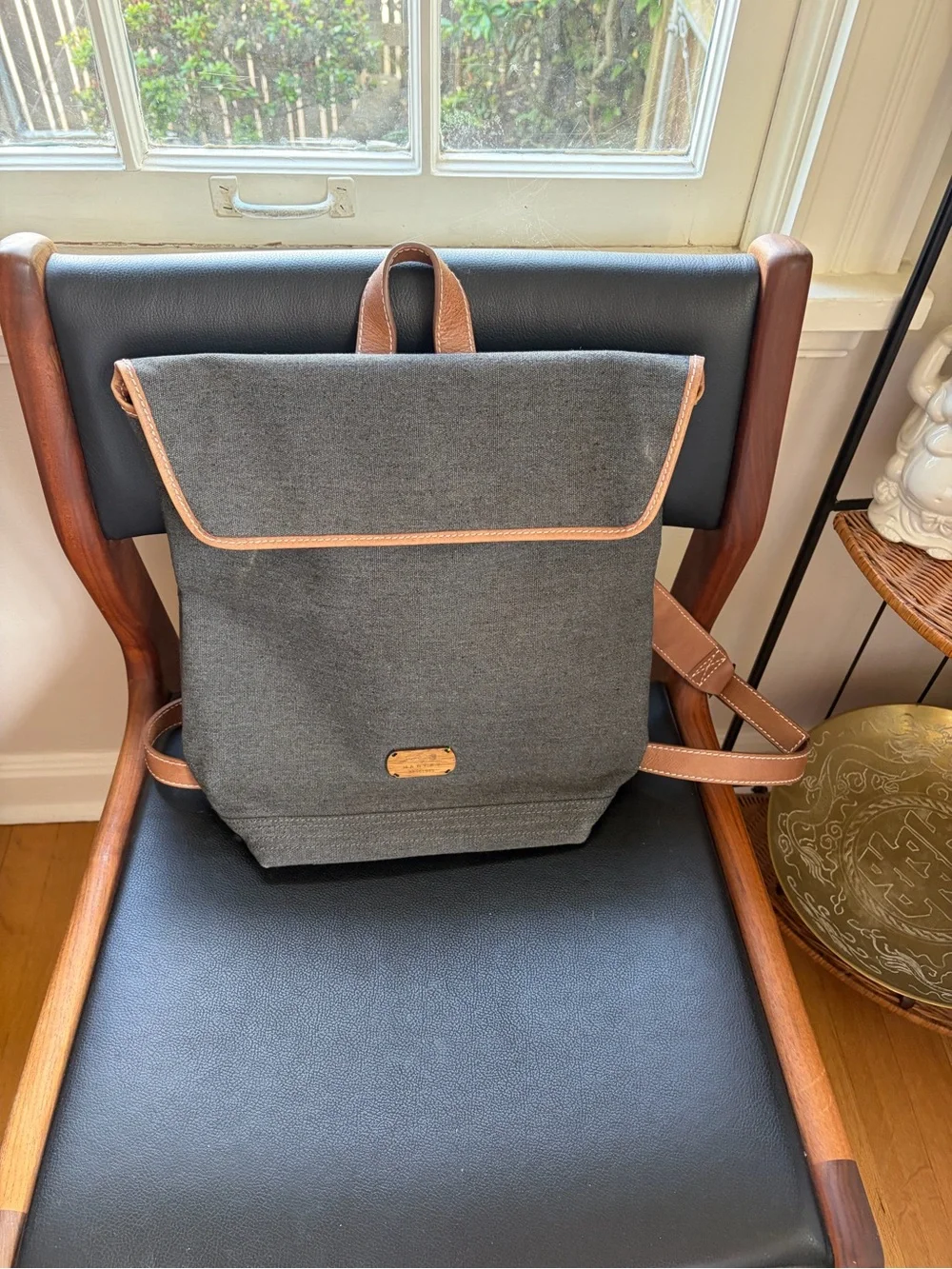 Roll-Top Canvas Backpack with Leather Trim - Gray and Tan